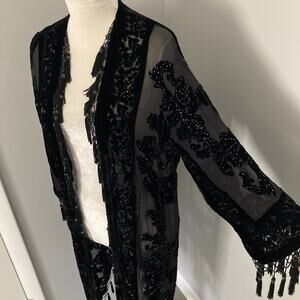 Aris A Vintage 90s Silk Burn out velvet kimono beaded tassel whimsigoth One Size